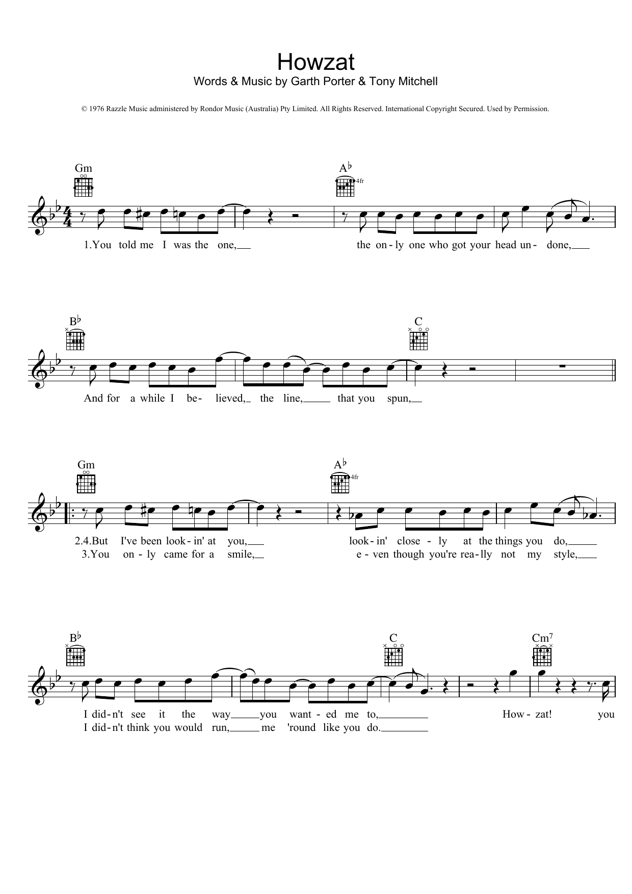 Sherbet Howzat sheet music notes and chords arranged for Piano, Vocal & Guitar Chords