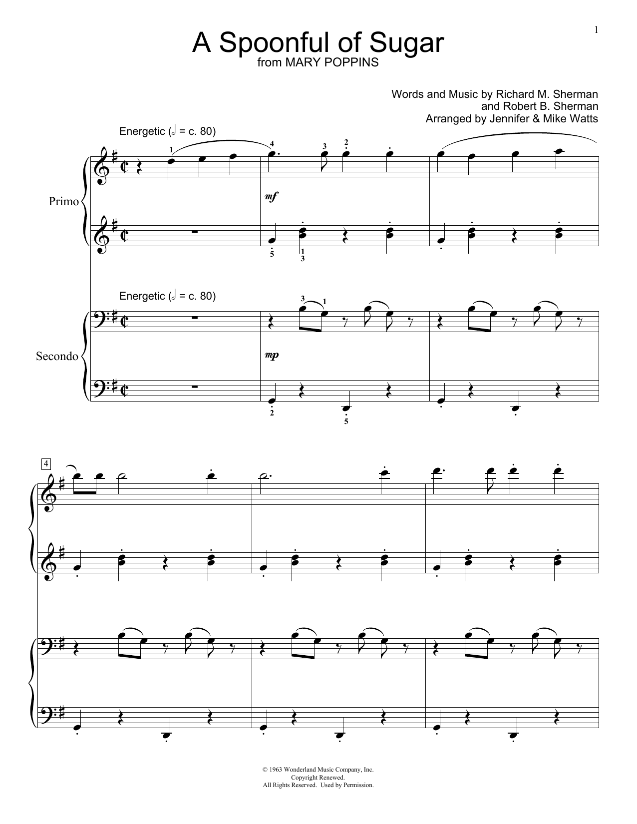 Sherman Brothers A Spoonful Of Sugar (from Mary Poppins) (arr. Jennifer and Mike Watts) sheet music notes and chords arranged for Piano Duet