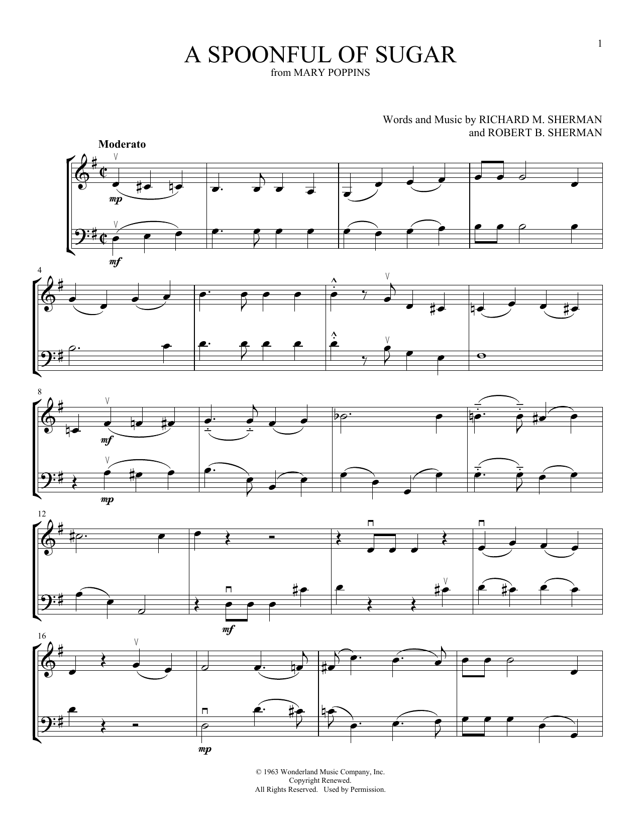 Sherman Brothers A Spoonful Of Sugar (from Mary Poppins) (arr. Michelle Hynson) sheet music notes and chords arranged for Instrumental Duet