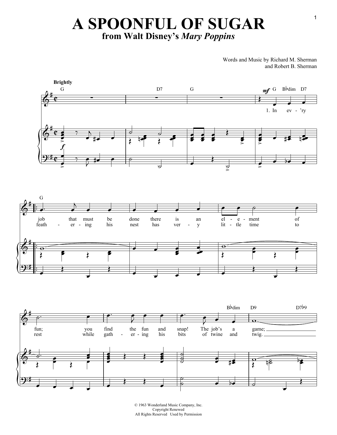 Sherman Brothers A Spoonful Of Sugar (from Mary Poppins) sheet music notes and chords arranged for Piano & Vocal