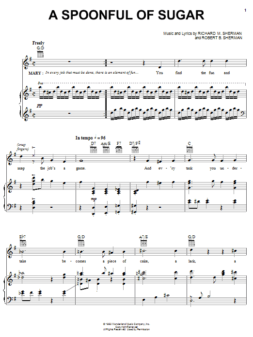 Sherman Brothers A Spoonful Of Sugar (from Mary Poppins: The Musical) sheet music notes and chords arranged for Piano, Vocal & Guitar Chords (Right-Hand Melody)