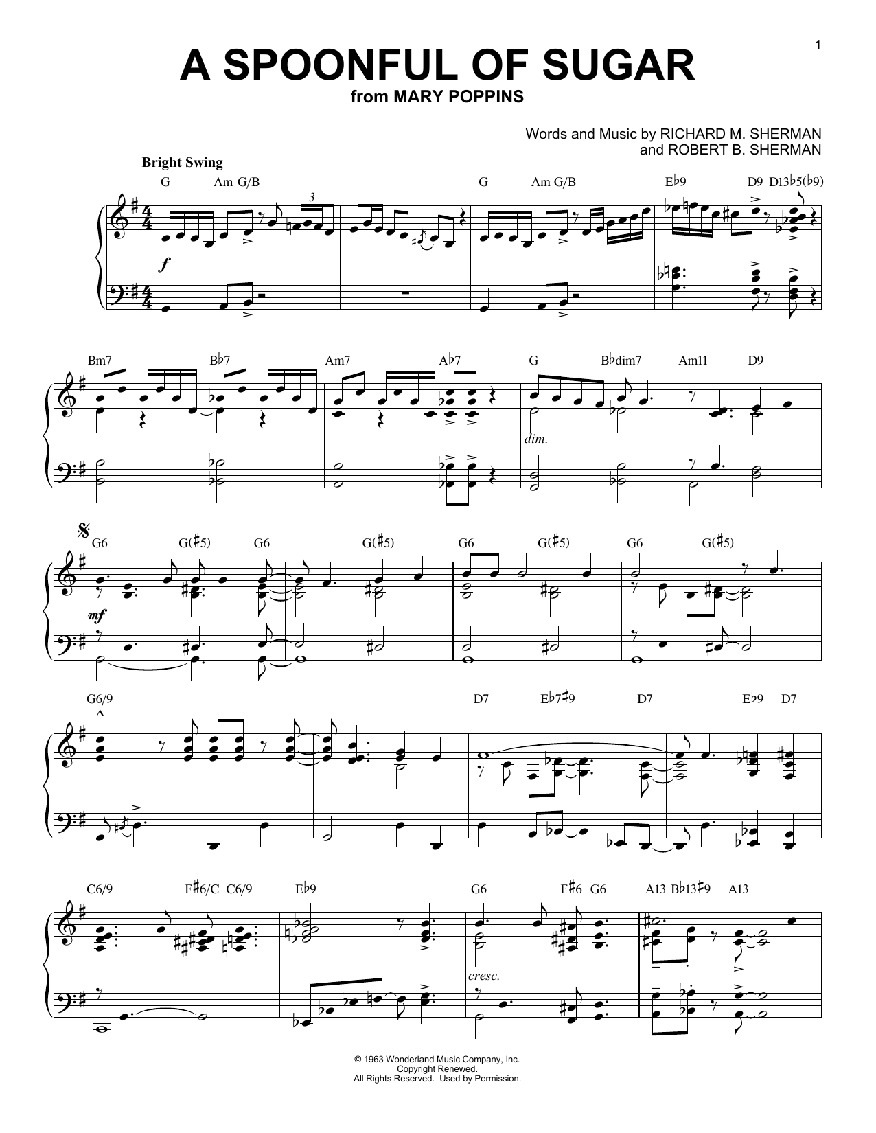 Sherman Brothers A Spoonful Of Sugar [Jazz version] (from Mary Poppins) sheet music notes and chords arranged for Piano Solo