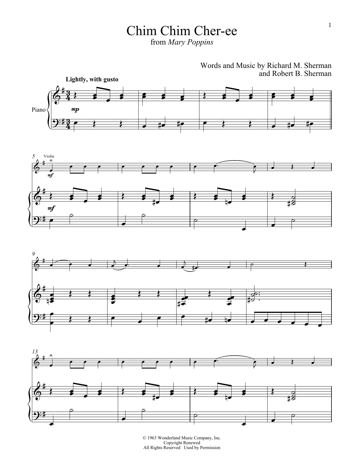 Sherman Brothers Chim Chim Cher-ee (from Mary Poppins) sheet music notes and chords arranged for Violin and Piano