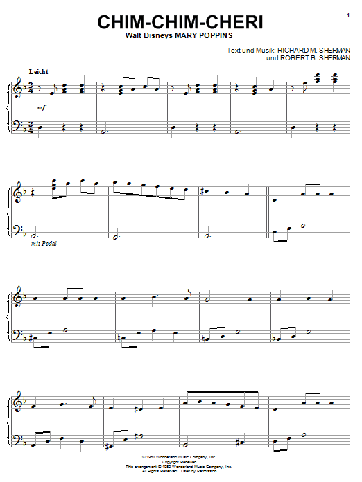 Sherman Brothers Chim Chim Cheri (from Mary Poppins) [German version] sheet music notes and chords arranged for Piano Solo