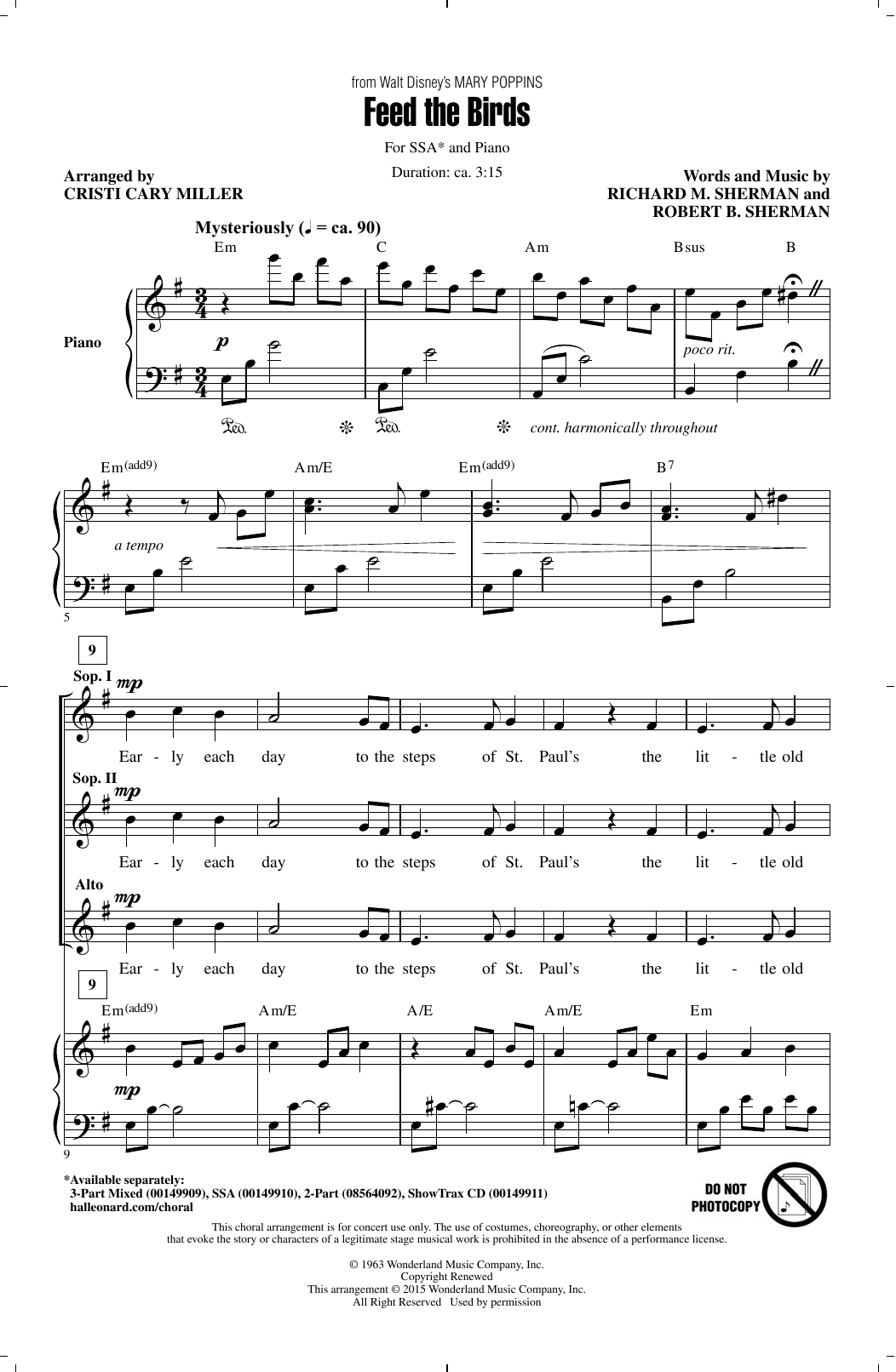 Sherman Brothers Feed The Birds (Tuppence A Bag) (from Mary Poppins) (arr. Cristi Cary Miller) sheet music notes and chords arranged for SSA Choir