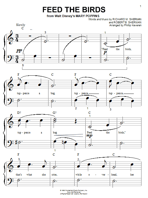 Sherman Brothers Feed The Birds (Tuppence A Bag) (from Mary Poppins) (arr. Phillip Keveren) sheet music notes and chords arranged for Big Note Piano