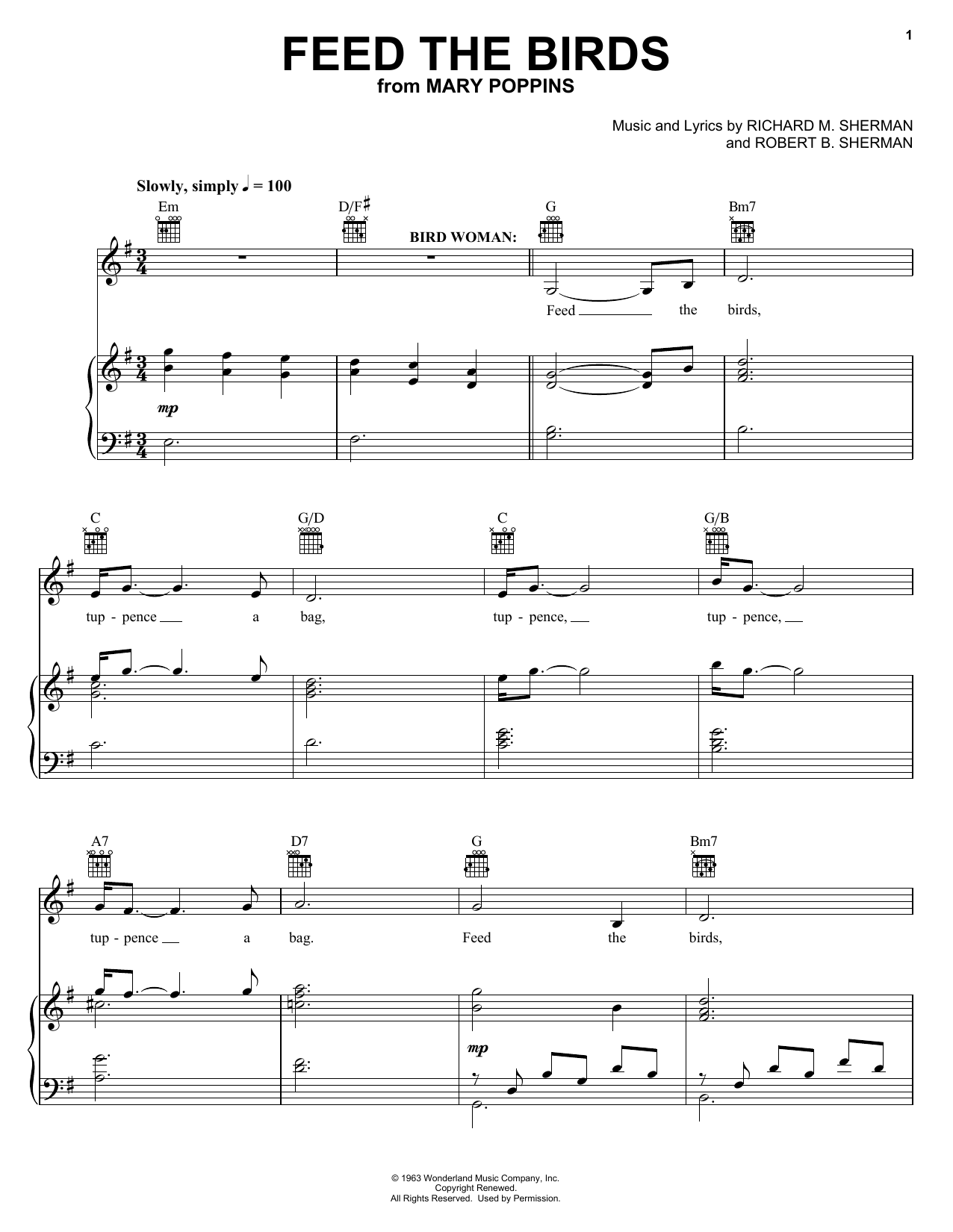 Sherman Brothers Feed The Birds (Tuppence A Bag) (from Mary Poppins: The Musical) sheet music notes and chords arranged for Easy Piano