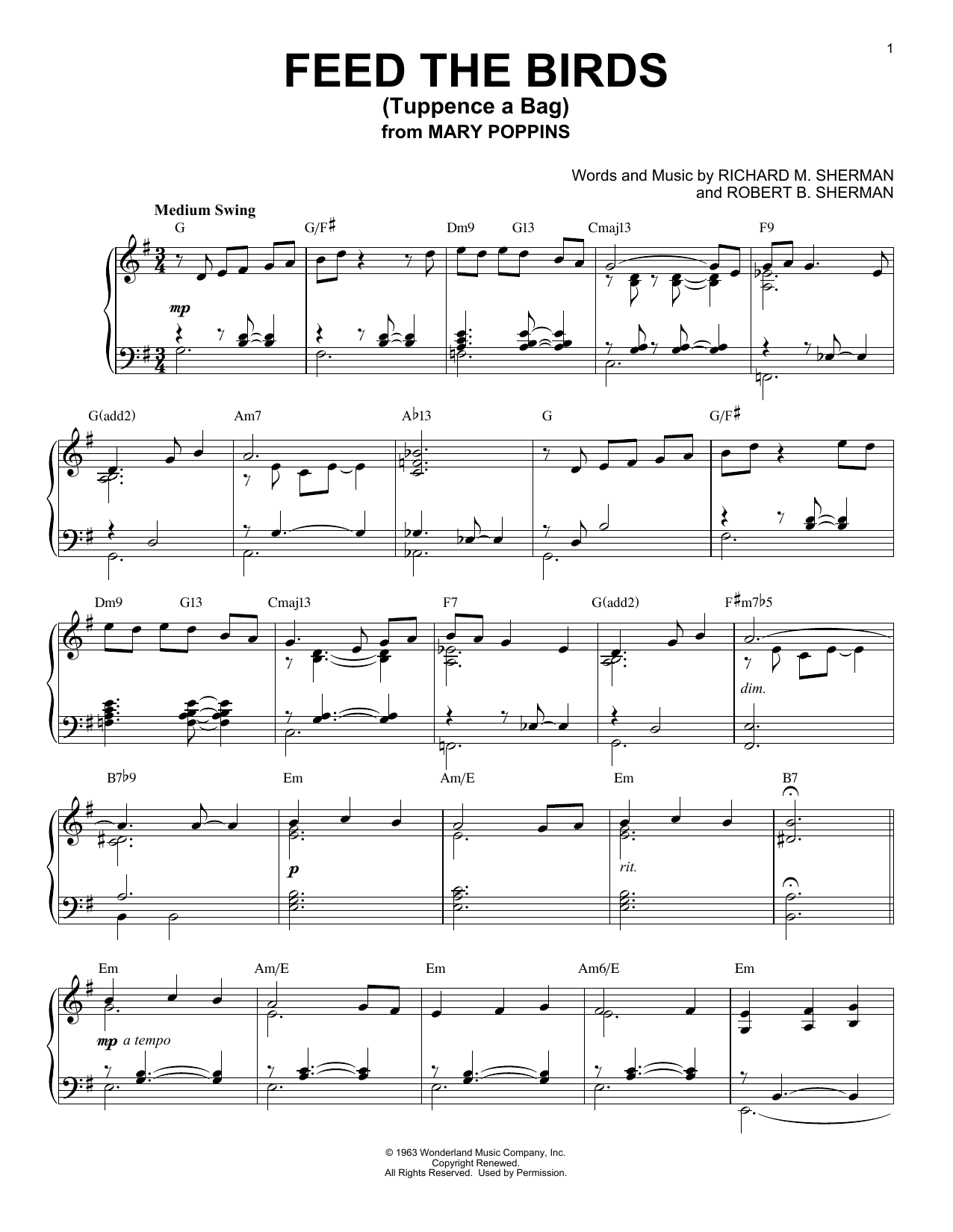 Sherman Brothers Feed The Birds (Tuppence A Bag) [Jazz version] (from Mary Poppins) sheet music notes and chords arranged for Piano Solo