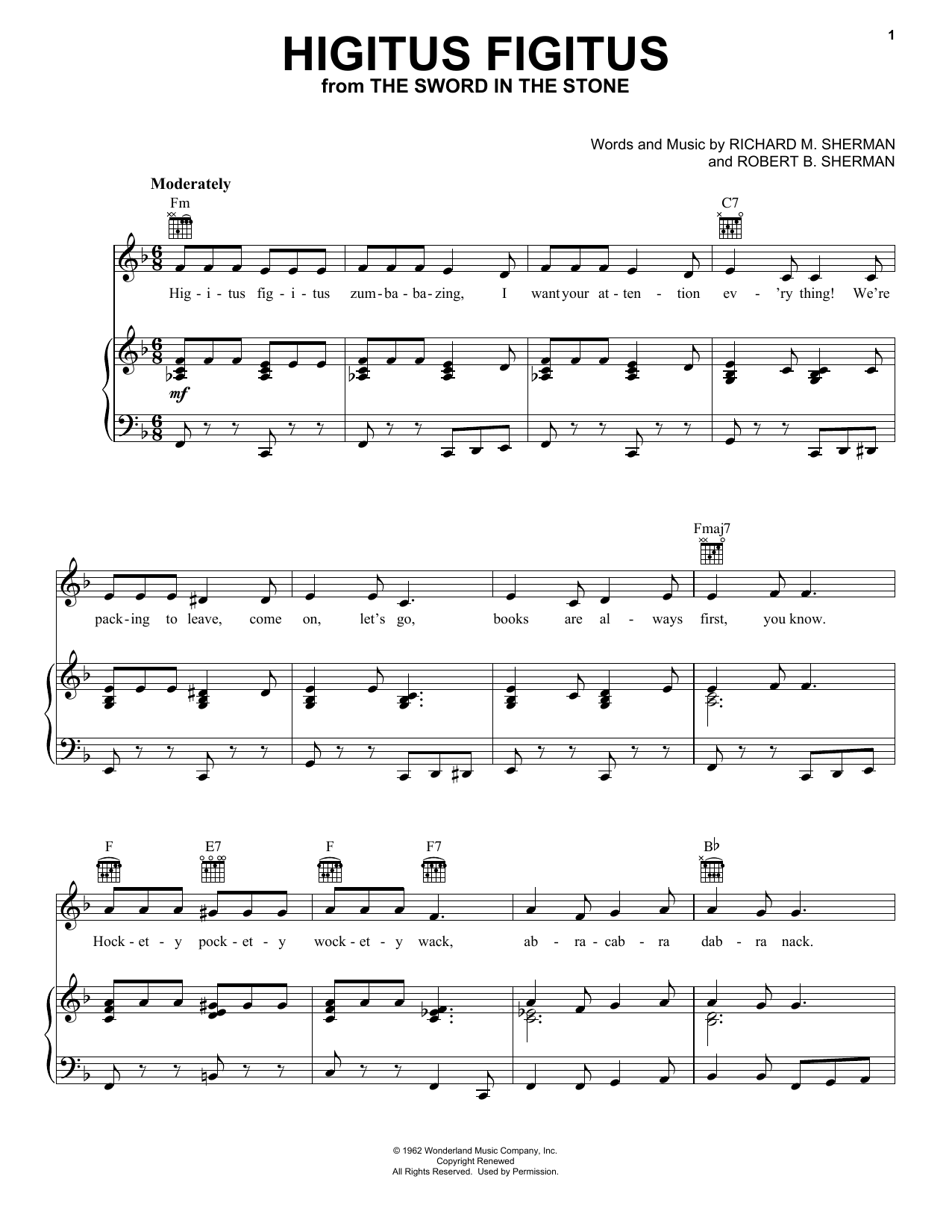 Sherman Brothers Higitus Figitus (from The Sword In The Stone) sheet music notes and chords arranged for Piano, Vocal & Guitar Chords (Right-Hand Melody)