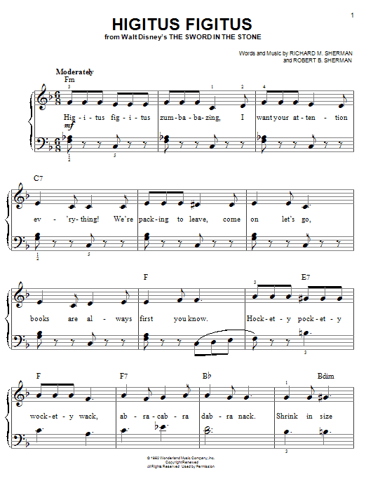 Sherman Brothers Higitus Figitus sheet music notes and chords arranged for Easy Piano