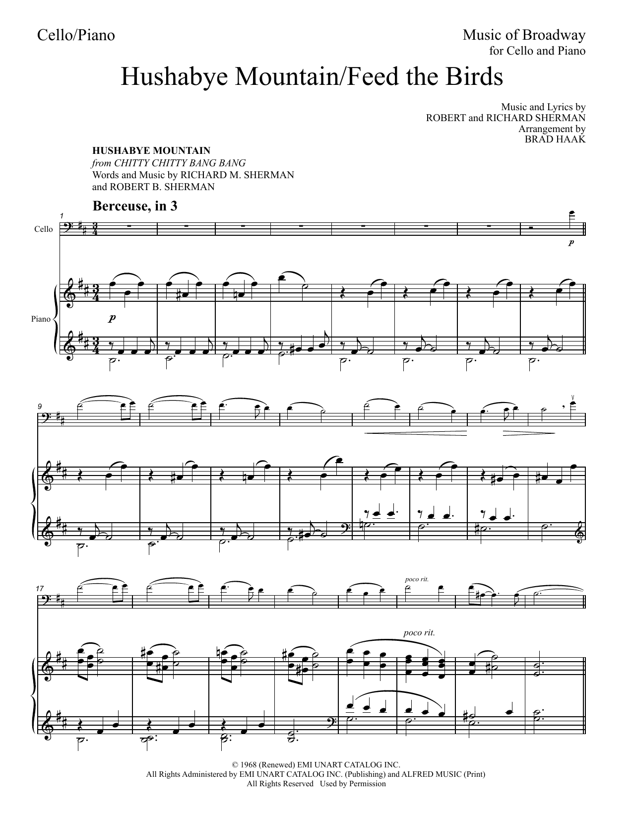 Sherman Brothers Hushabye Mountain / Feed The Birds (Medley) (arr. Brad Haak) sheet music notes and chords arranged for Cello and Piano