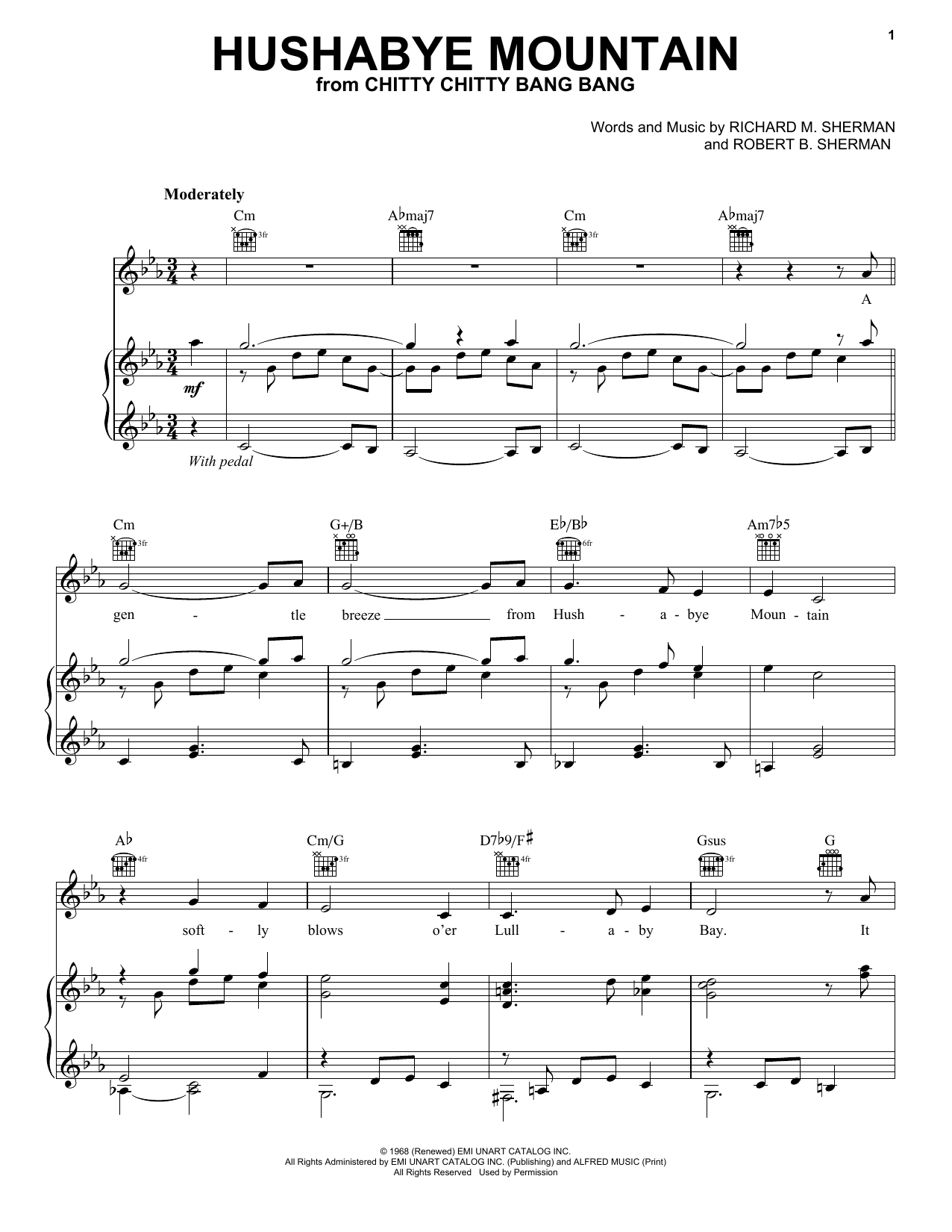 Sherman Brothers Hushabye Mountain (from Chitty Chitty Bang Bang) sheet music notes and chords arranged for Piano, Vocal & Guitar Chords (Right-Hand Melody)