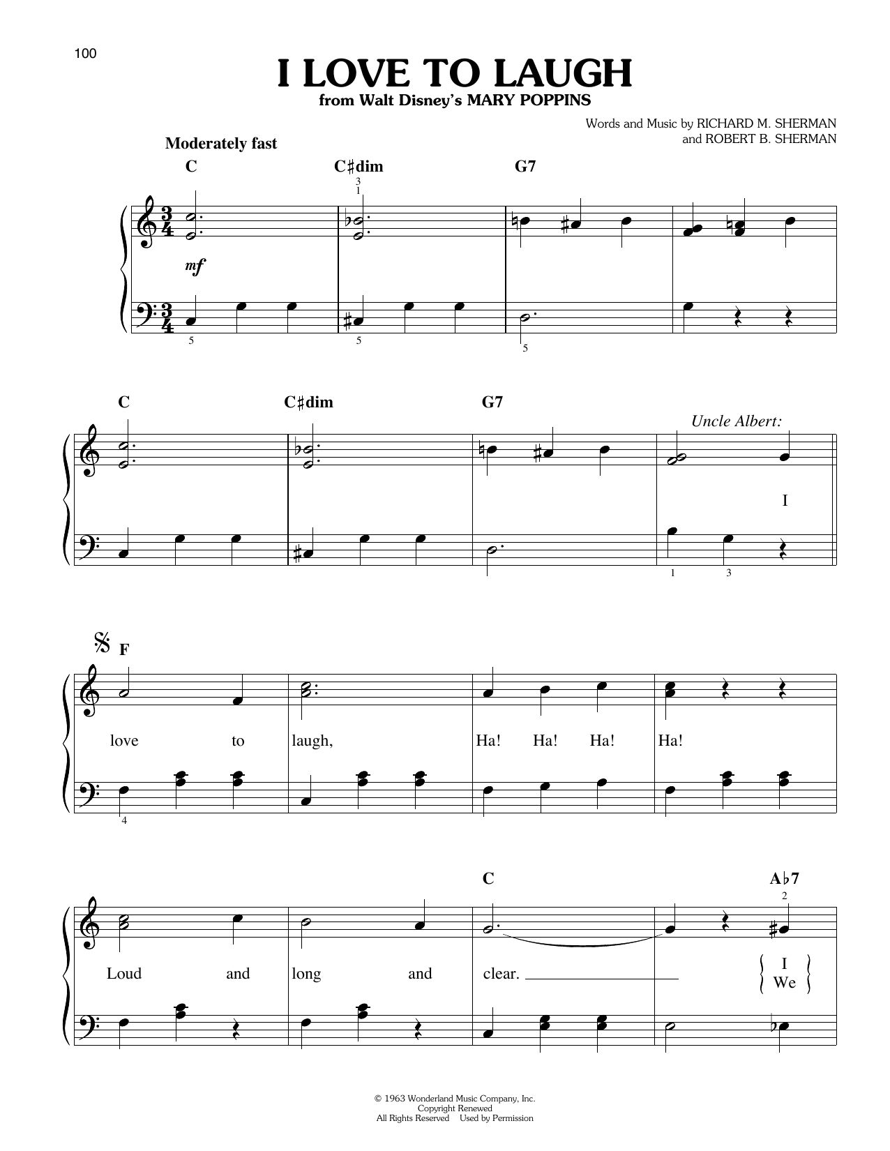 Sherman Brothers I Love To Laugh (from Mary Poppins) sheet music notes and chords arranged for Easy Piano