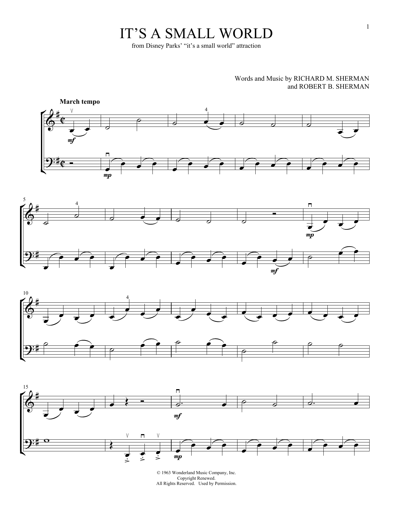 Sherman Brothers It's A Small World (arr. Michelle Hynson) sheet music notes and chords arranged for Instrumental Duet