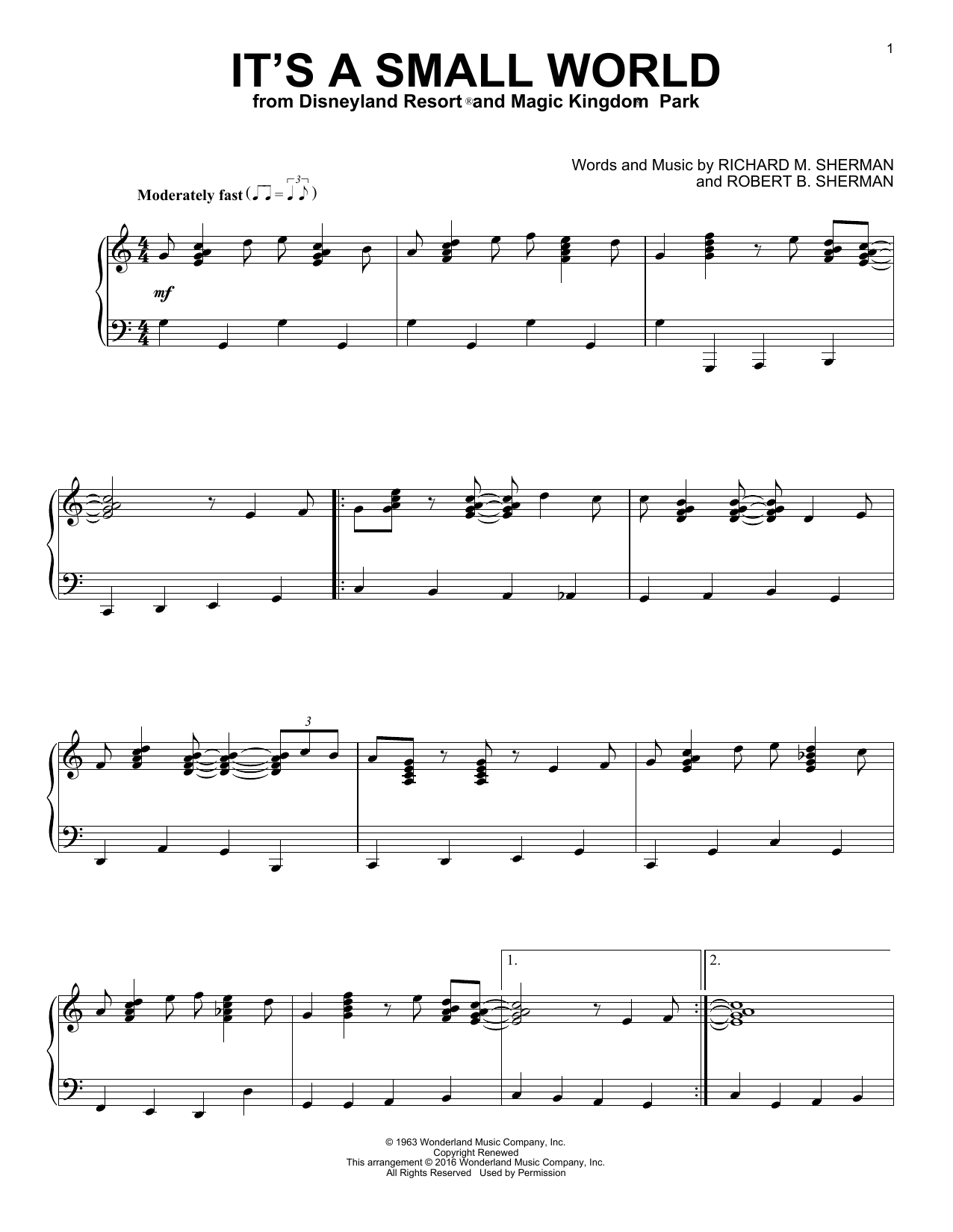Sherman Brothers It's A Small World [Jazz version] sheet music notes and chords arranged for Piano Solo