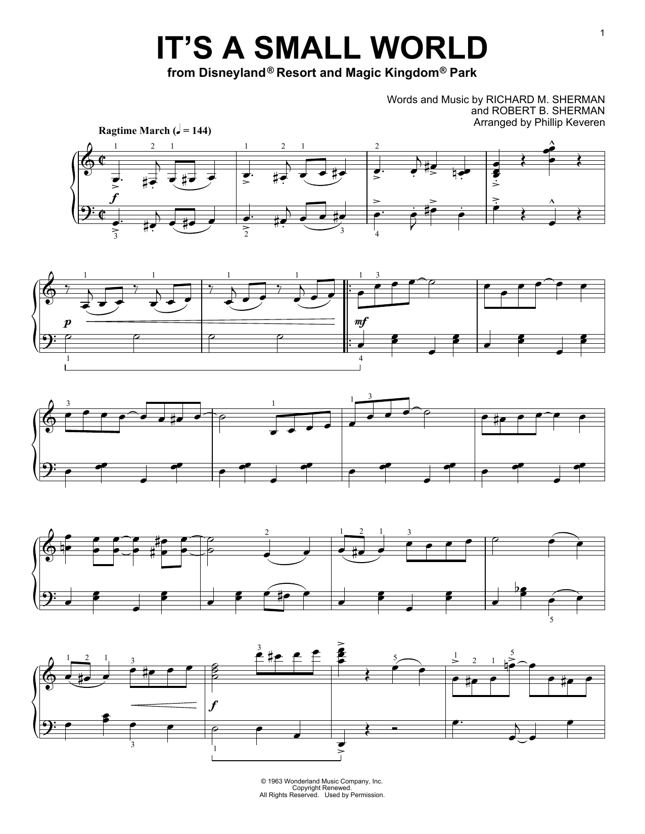 Sherman Brothers It's A Small World [Ragtime version] (arr. Phillip Keveren) sheet music notes and chords arranged for Piano Solo