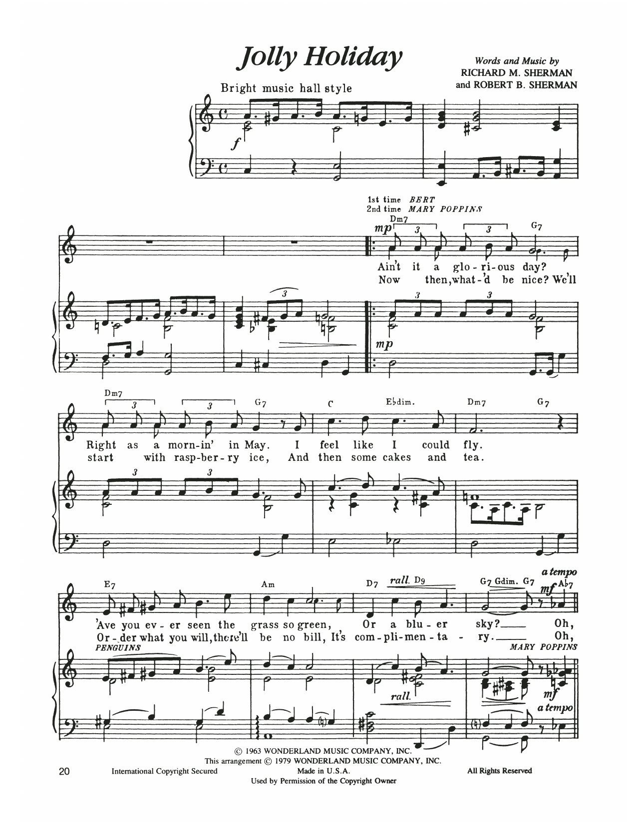 Sherman Brothers Jolly Holiday (from Mary Poppins) sheet music notes and chords arranged for Piano & Vocal