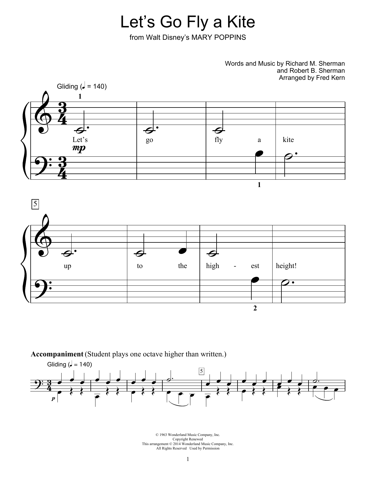 Sherman Brothers Let's Go Fly A Kite (from Mary Poppins) (arr. Fred Kern) sheet music notes and chords arranged for Educational Piano