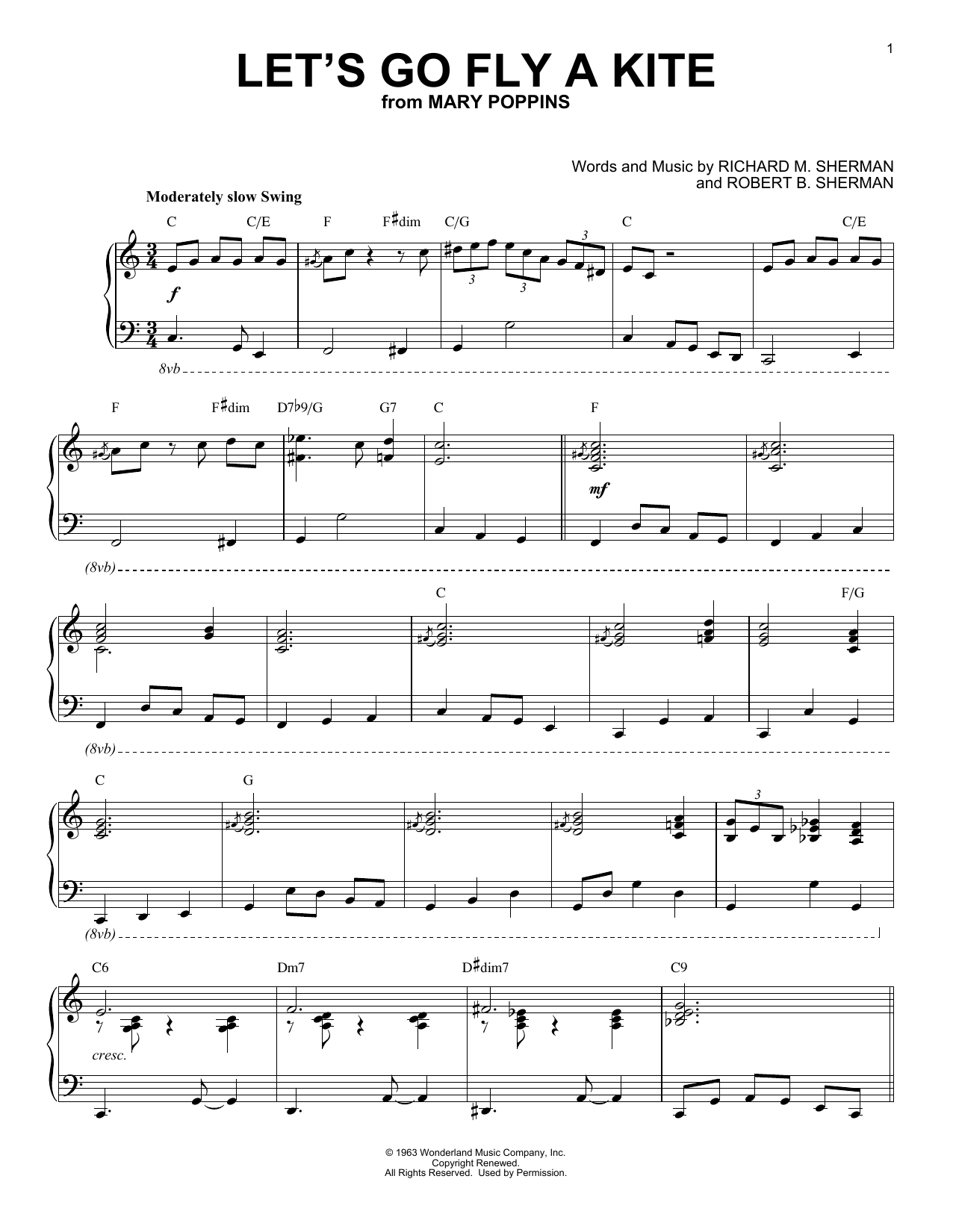 Sherman Brothers Let's Go Fly A Kite [Jazz version] (from Mary Poppins) sheet music notes and chords arranged for Piano Solo