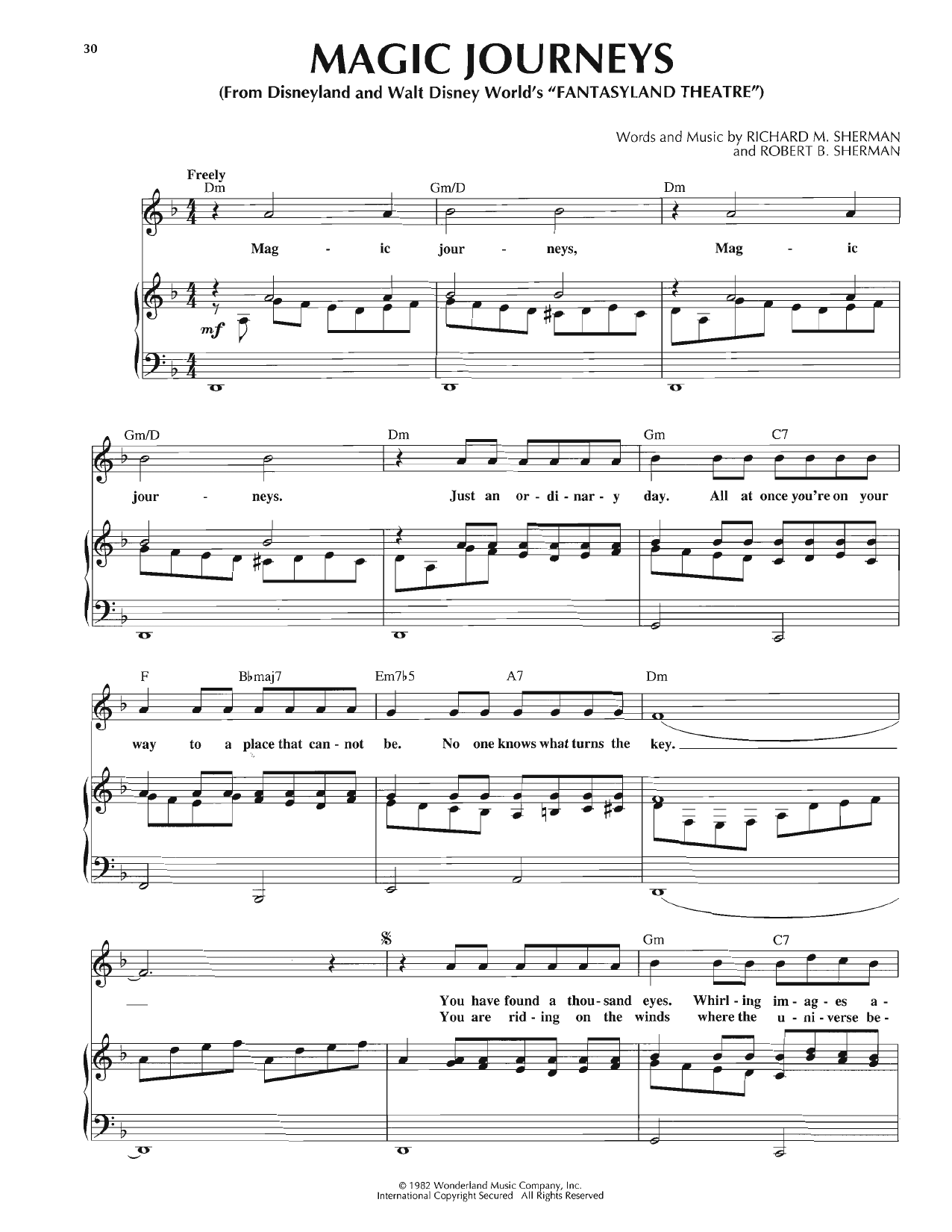 Sherman Brothers Magic Journeys sheet music notes and chords arranged for Piano, Vocal & Guitar Chords (Right-Hand Melody)
