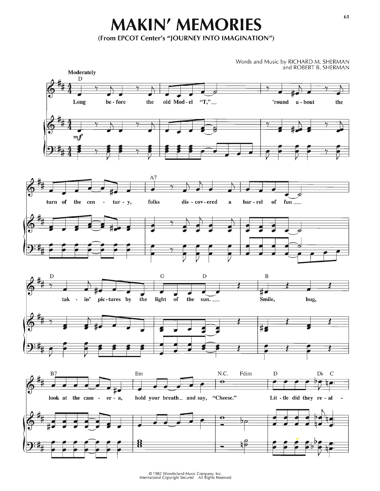 Sherman Brothers Makin' Memories sheet music notes and chords arranged for Piano, Vocal & Guitar Chords (Right-Hand Melody)