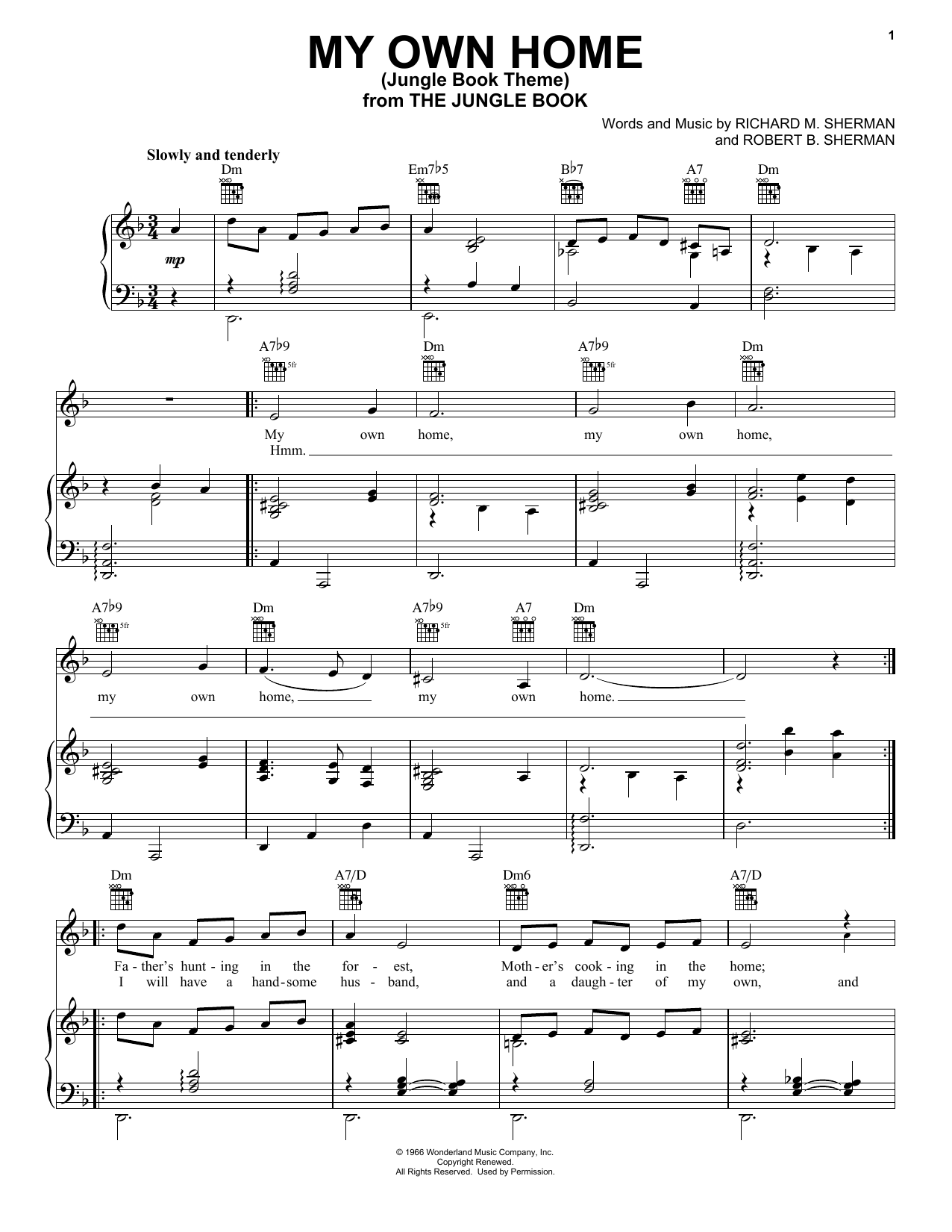 Sherman Brothers My Own Home (Jungle Book Theme) sheet music notes and chords arranged for Piano, Vocal & Guitar Chords (Right-Hand Melody)
