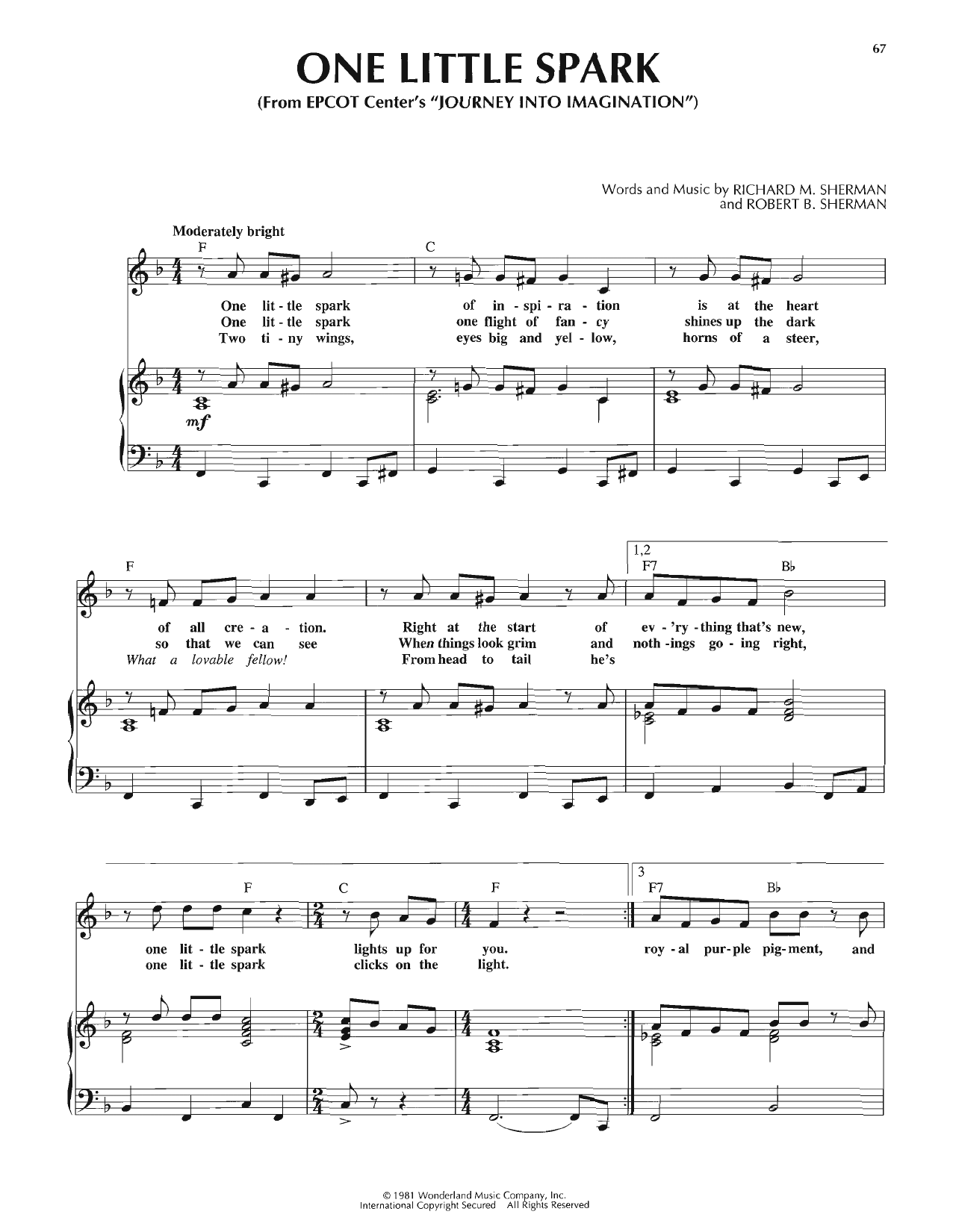 Sherman Brothers One Little Spark sheet music notes and chords arranged for Piano, Vocal & Guitar Chords (Right-Hand Melody)