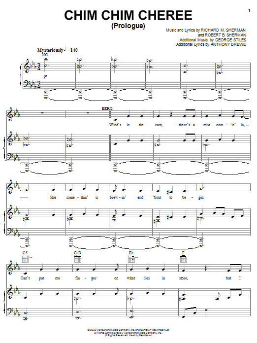 Sherman Brothers Prologue / Chim Chim Cher-ee sheet music notes and chords arranged for Piano, Vocal & Guitar Chords (Right-Hand Melody)
