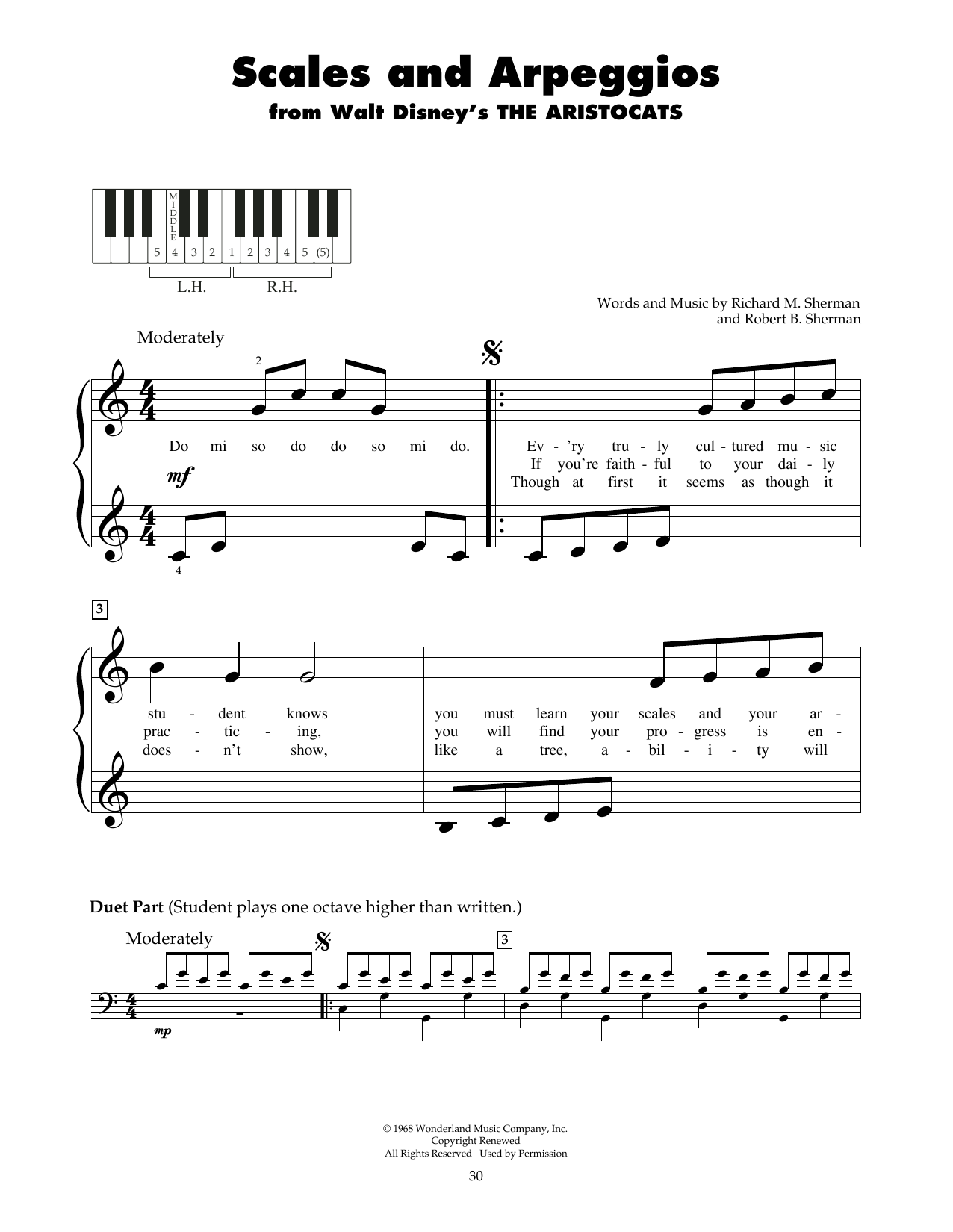 Sherman Brothers Scales And Arpeggios (from The Aristocats) sheet music notes and chords arranged for 5-Finger Piano