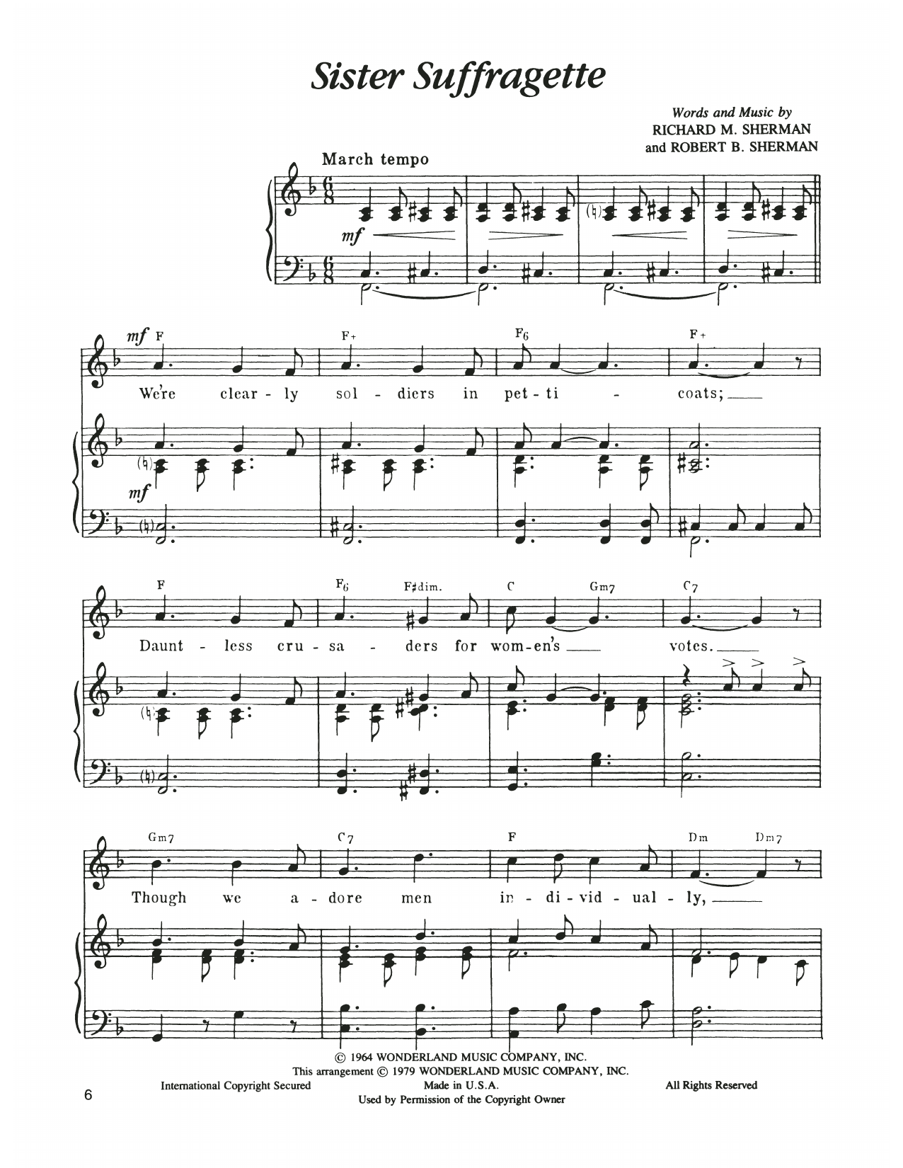 Sherman Brothers Sister Suffragette (from Mary Poppins) sheet music notes and chords arranged for Piano & Vocal