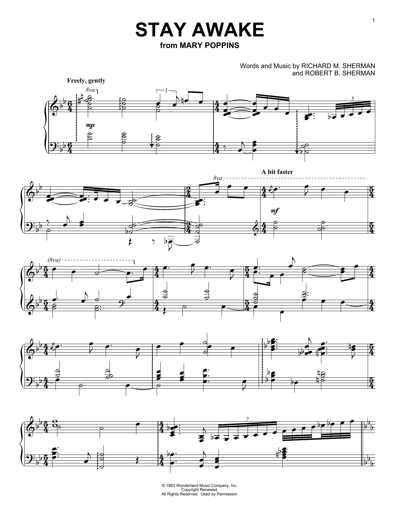 Sherman Brothers Stay Awake (from Mary Poppins) sheet music notes and chords arranged for Cello Solo