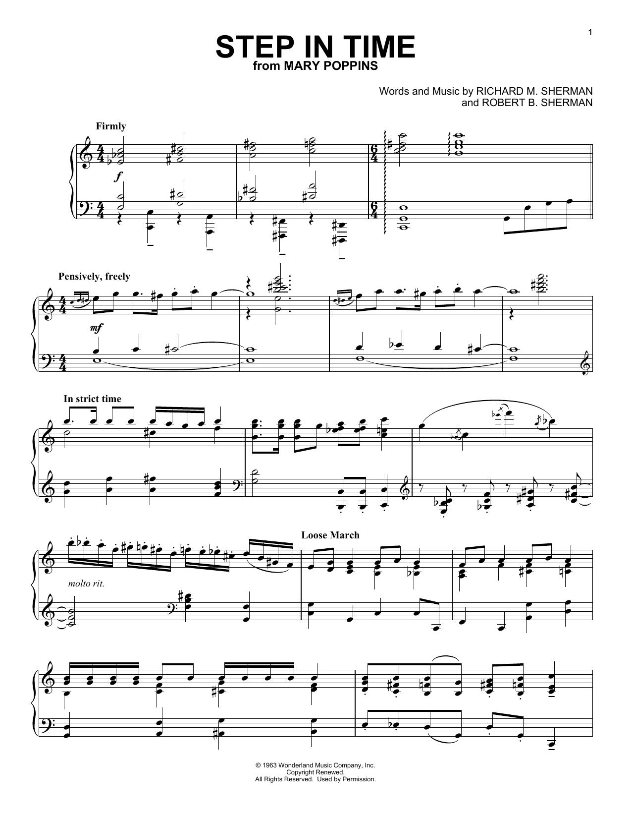Sherman Brothers Step In Time (from Mary Poppins) sheet music notes and chords arranged for Piano Solo