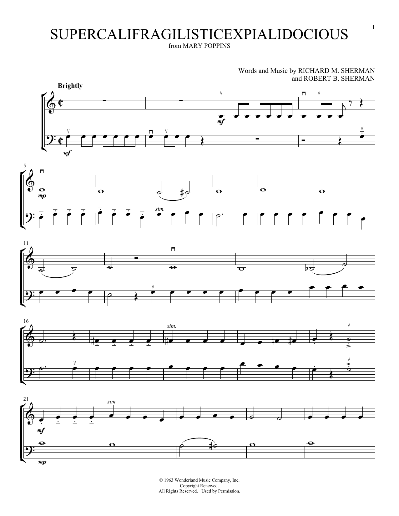 Sherman Brothers Supercalifragilisticexpialidocious (from Mary Poppins) (arr. Michelle Hynson) sheet music notes and chords arranged for Instrumental Duet