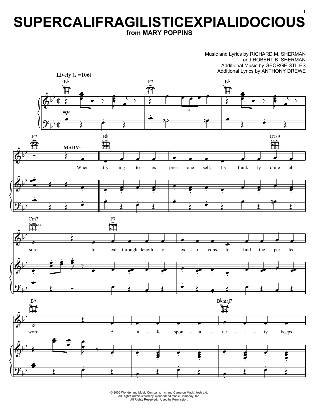 Sherman Brothers Supercalifragilisticexpialidocious (from Mary Poppins) sheet music notes and chords arranged for 5-Finger Piano