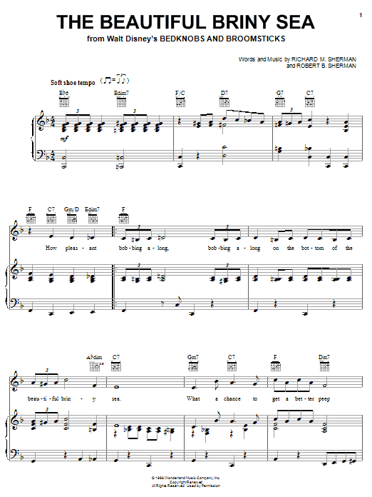 Sherman Brothers The Beautiful Briny Sea sheet music notes and chords arranged for Piano, Vocal & Guitar Chords (Right-Hand Melody)