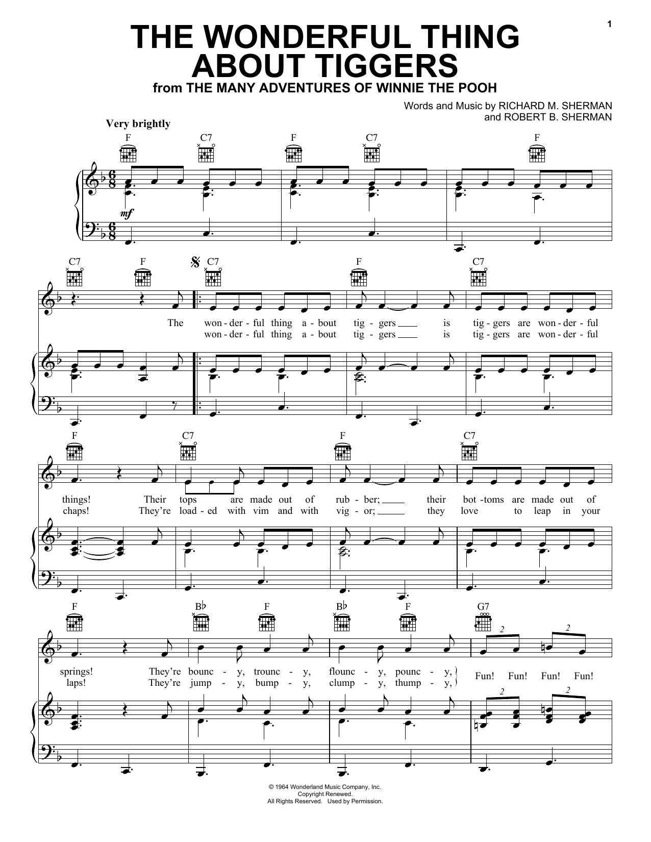 Sherman Brothers The Wonderful Thing About Tiggers (from The Many Adventures Of Winnie The Pooh) sheet music notes and chords arranged for 5-Finger Piano