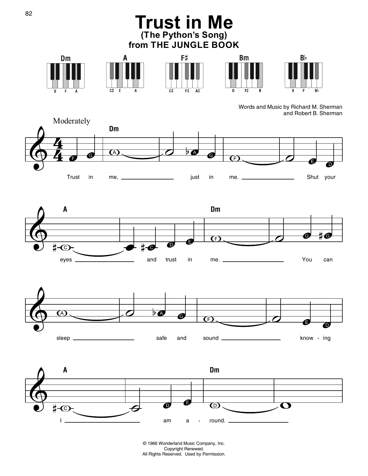 Sherman Brothers Trust In Me (The Python's Song) (from The Jungle Book) sheet music notes and chords arranged for Super Easy Piano