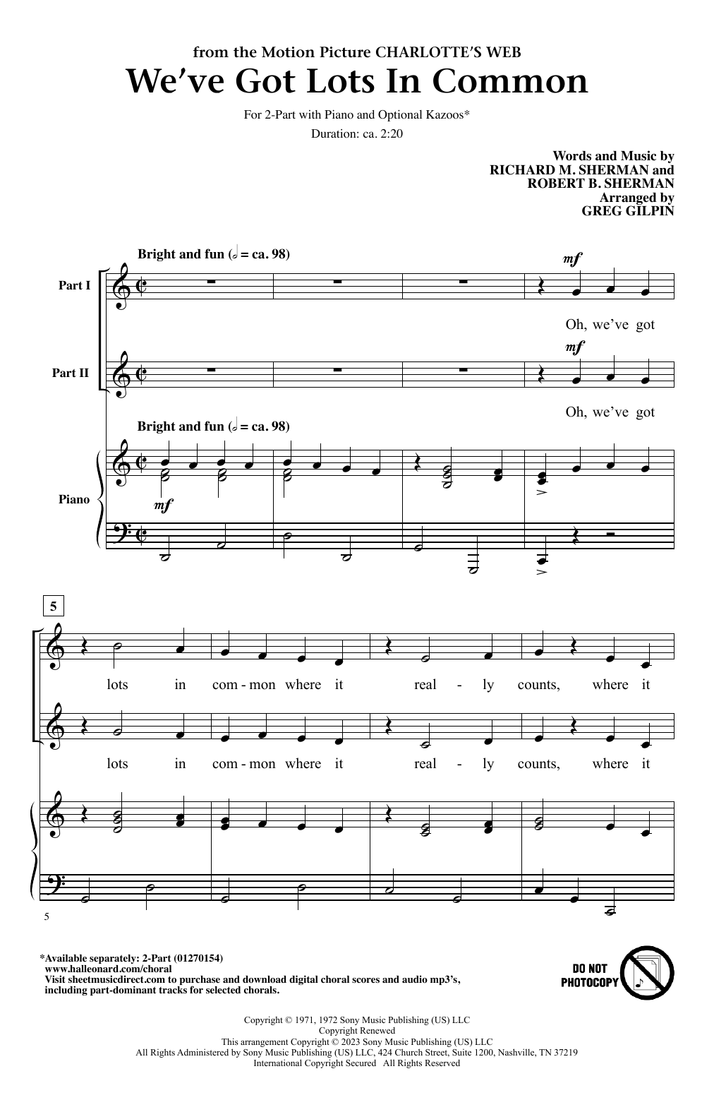 Sherman Brothers We've Got Lots In Common (from Charlotte's Web) (arr. Greg Gilpin) sheet music notes and chords arranged for 2-Part Choir