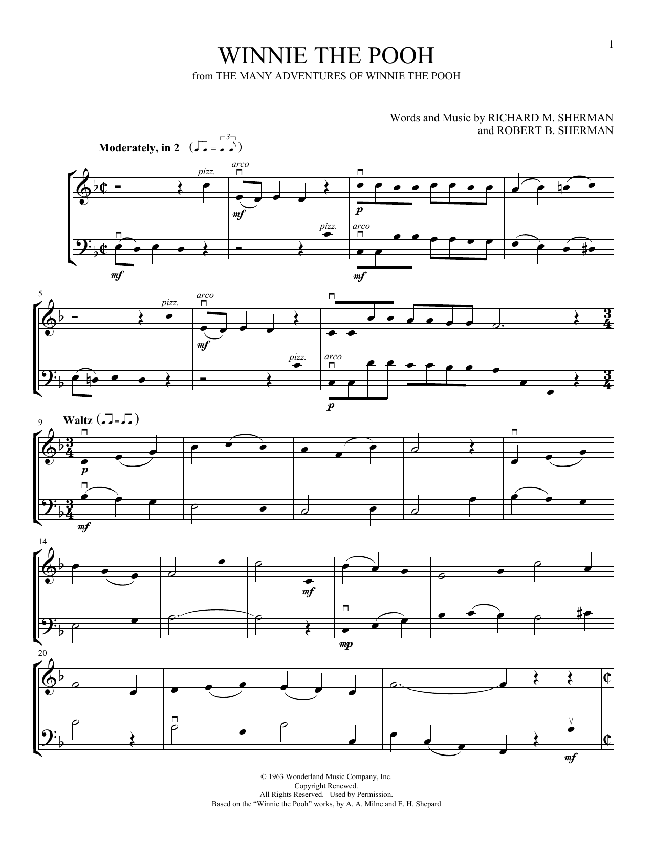 Sherman Brothers Winnie The Pooh (arr. Michelle Hynson) sheet music notes and chords arranged for Instrumental Duet