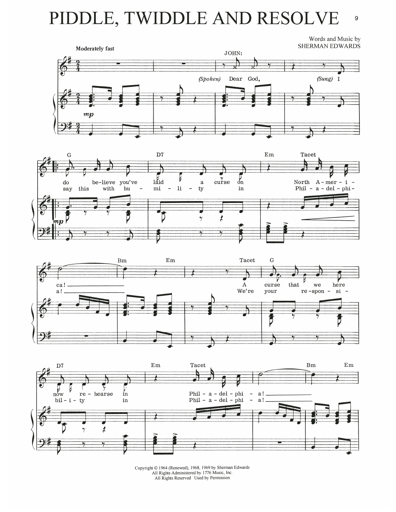 Sherman Edwards Piddle, Twiddle And Resolve (from 1776) sheet music notes and chords arranged for Piano, Vocal & Guitar Chords (Right-Hand Melody)