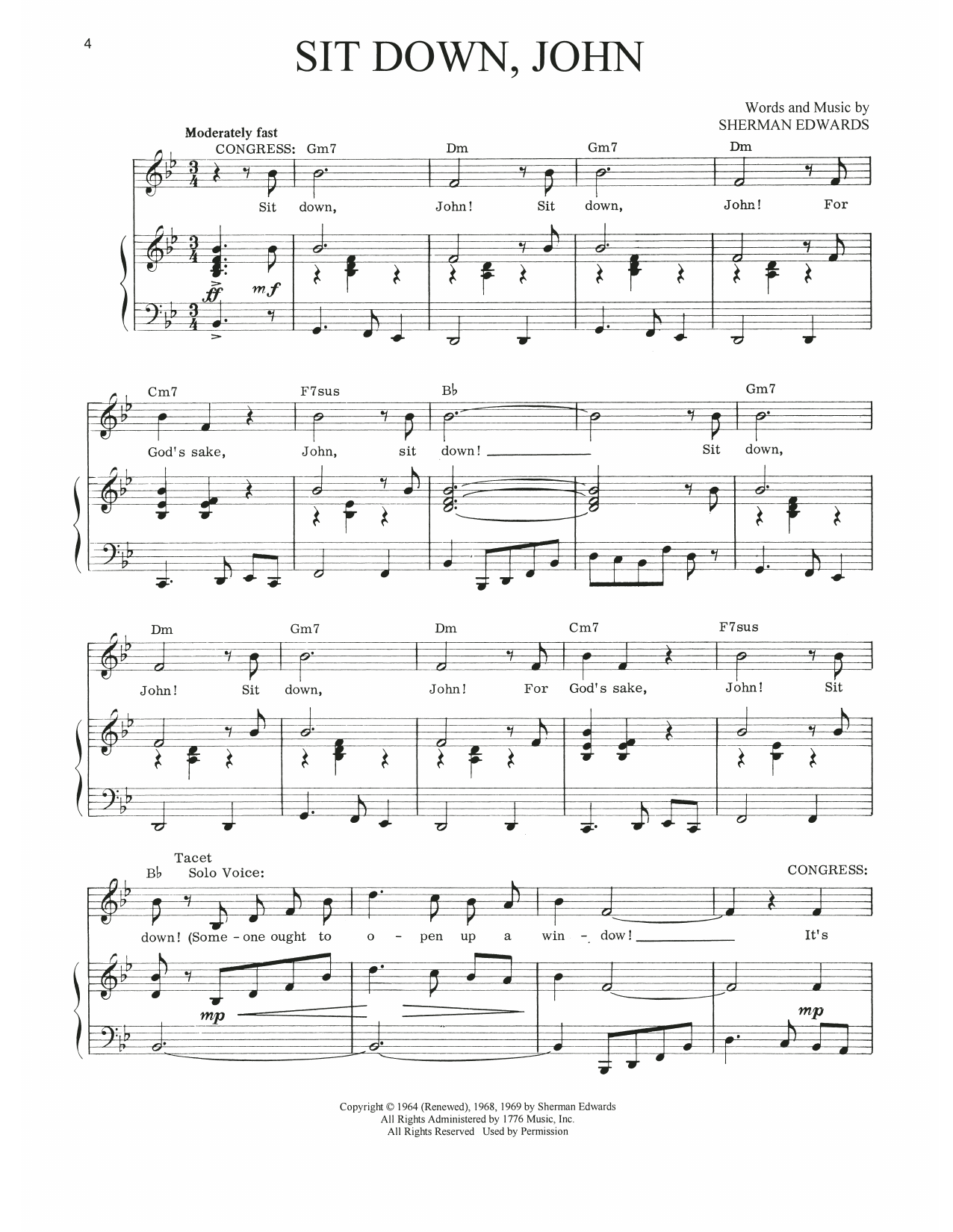 Sherman Edwards Sit Down, John (from 1776) sheet music notes and chords arranged for Piano, Vocal & Guitar Chords (Right-Hand Melody)
