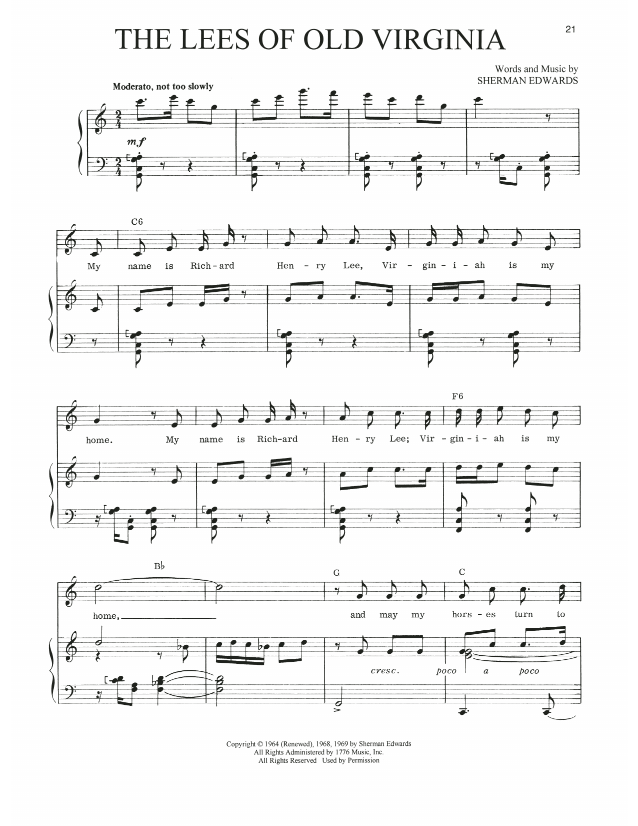 Sherman Edwards The Lees Of Old Virginia (from 1776) sheet music notes and chords arranged for Piano, Vocal & Guitar Chords (Right-Hand Melody)