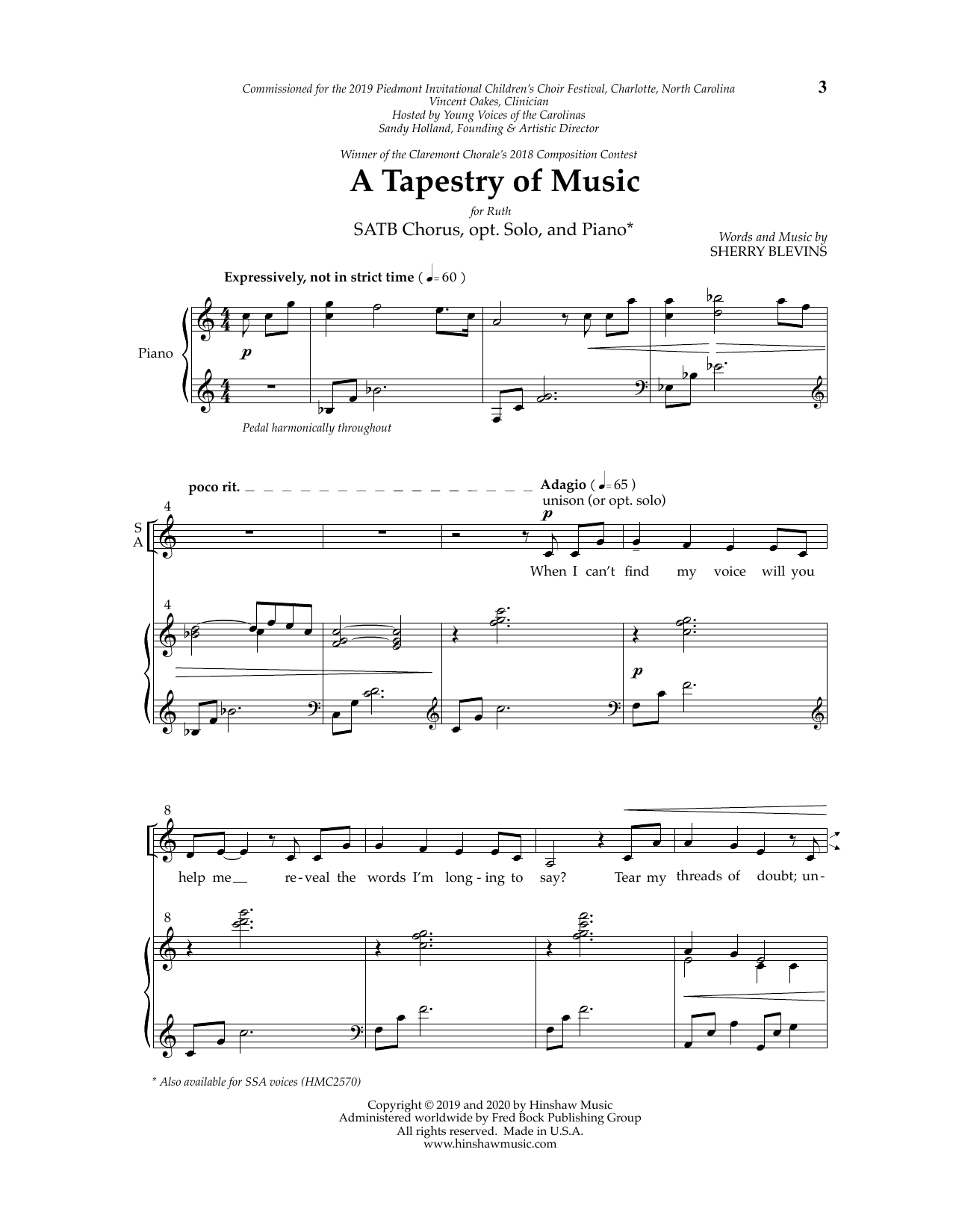 Sherry Blevins A Tapestry of Music sheet music notes and chords arranged for SAB Choir