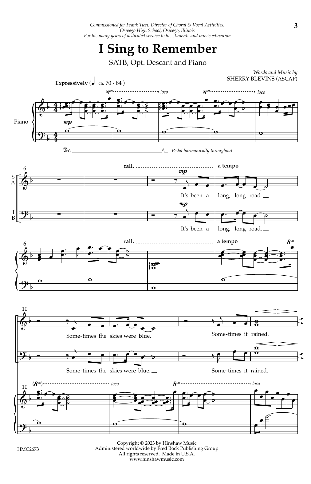 Sherry Blevins I Sing To Remember sheet music notes and chords arranged for SSA Choir
