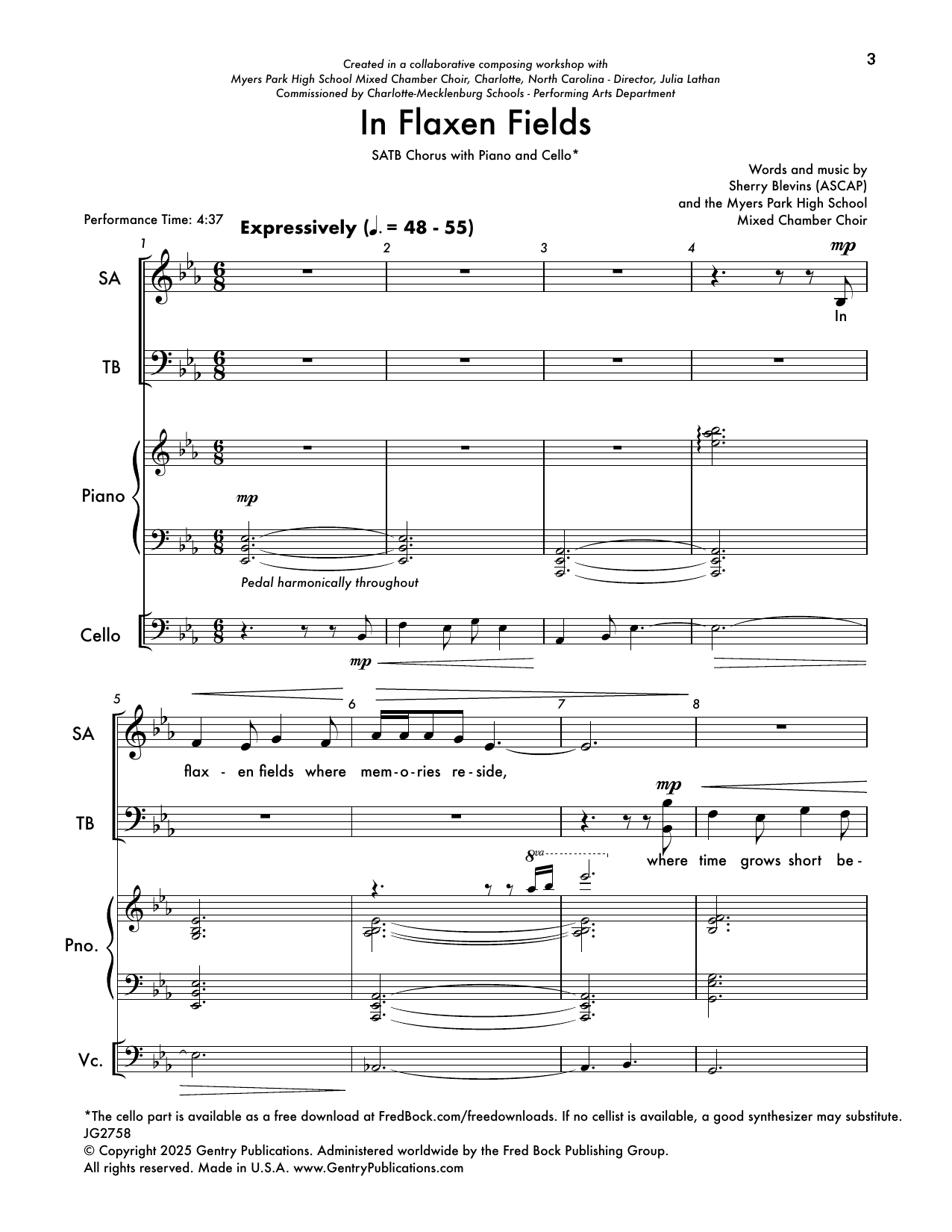 Sherry Blevins In Flaxen Fields sheet music notes and chords arranged for SATB Choir