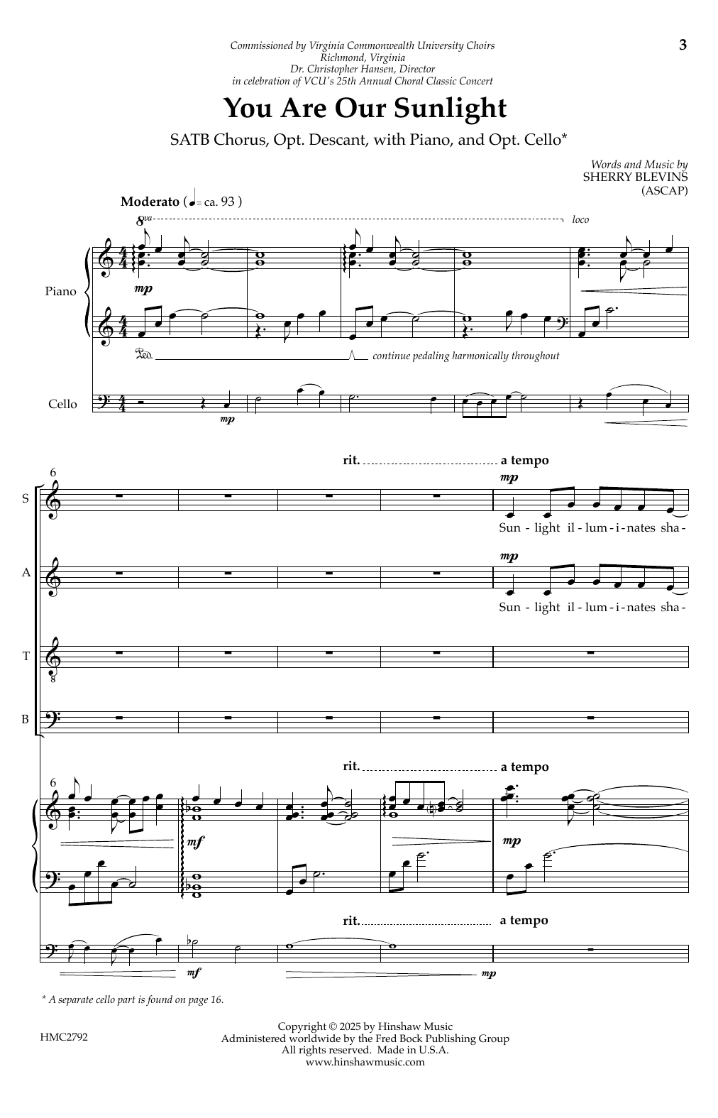 Sherry Blevins You Are Our Sunlight sheet music notes and chords arranged for SATB Choir