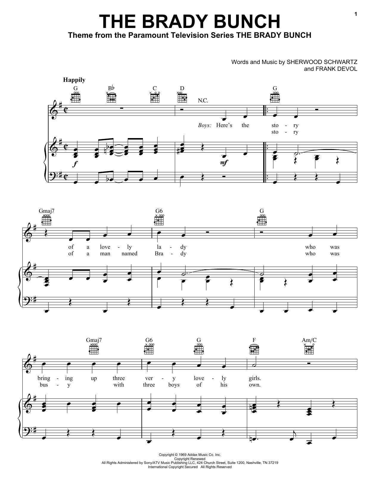 Sherwood Schwartz The Brady Bunch sheet music notes and chords arranged for Piano, Vocal & Guitar Chords (Right-Hand Melody)