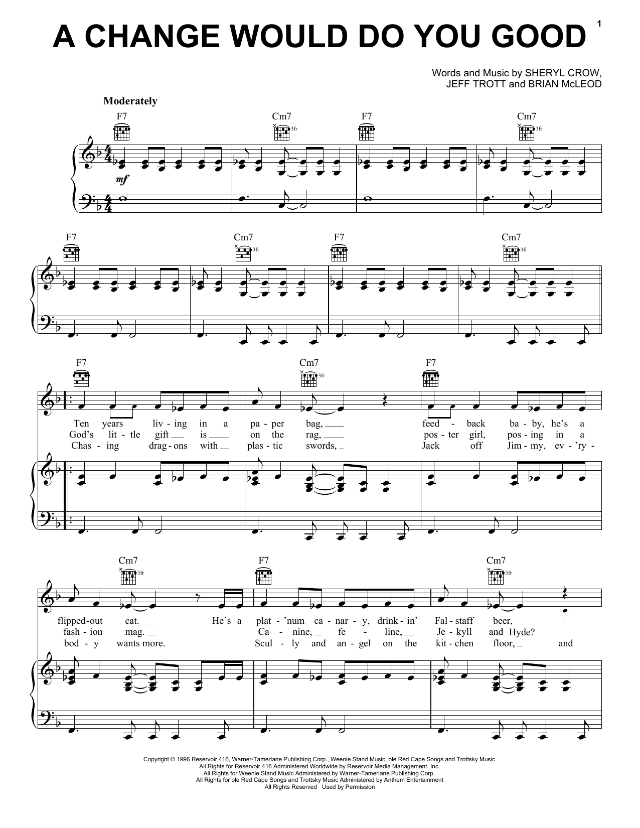 Sheryl Crow A Change Would Do You Good sheet music notes and chords arranged for Piano, Vocal & Guitar Chords (Right-Hand Melody)