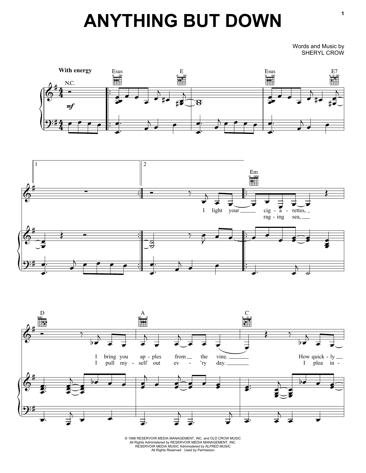 Sheryl Crow Anything But Down sheet music notes and chords arranged for Piano, Vocal & Guitar Chords (Right-Hand Melody)