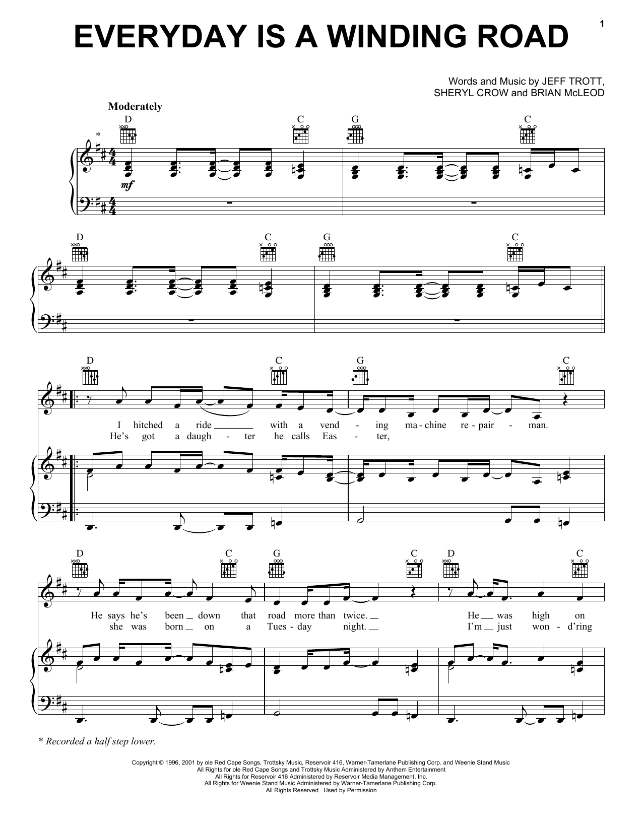 Sheryl Crow Everyday Is A Winding Road sheet music notes and chords arranged for Piano, Vocal & Guitar Chords (Right-Hand Melody)